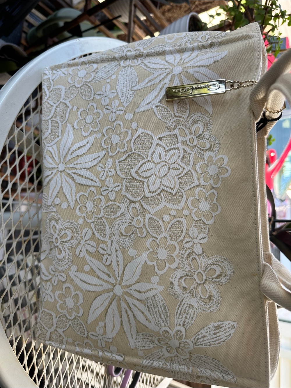 Oscar de la Renta Beige Canvas Tote with White Floral Print